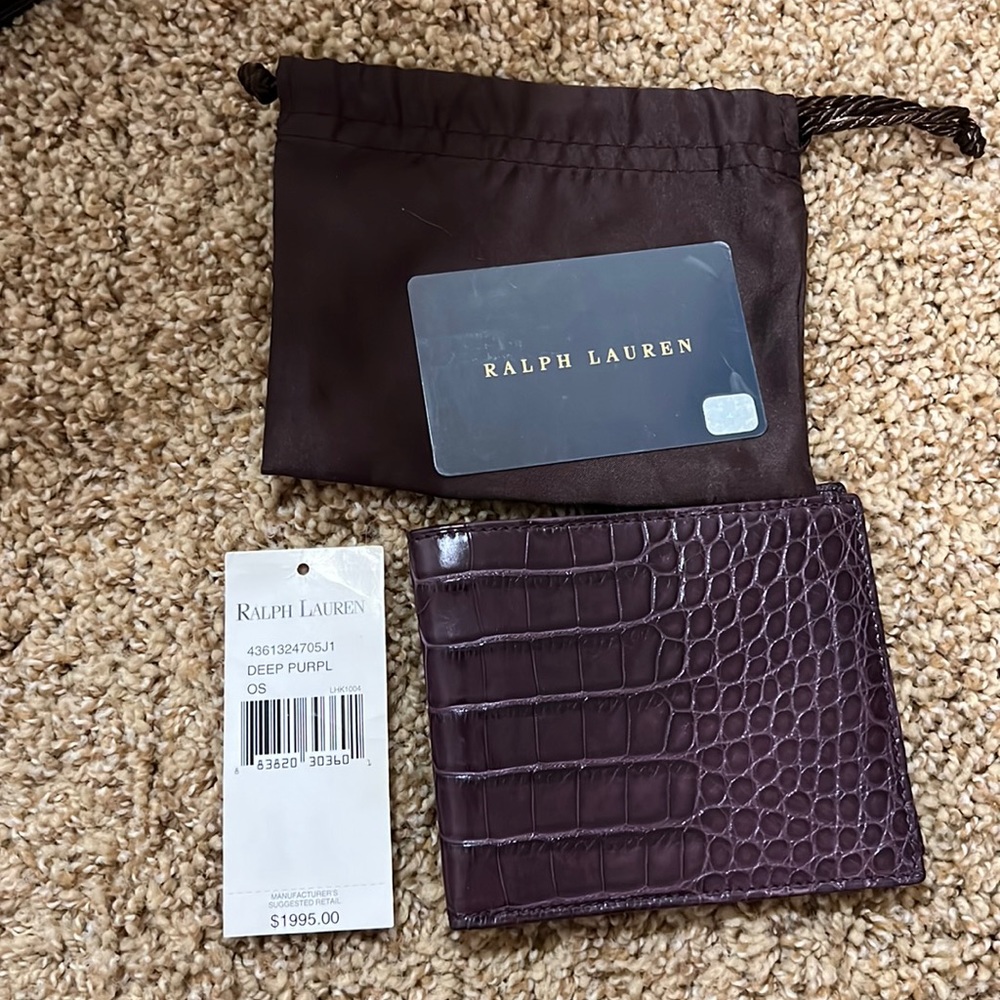 NWT Rare Ralph Lauren Purple Label Crocodile Skin Men Wallet Deep Purple